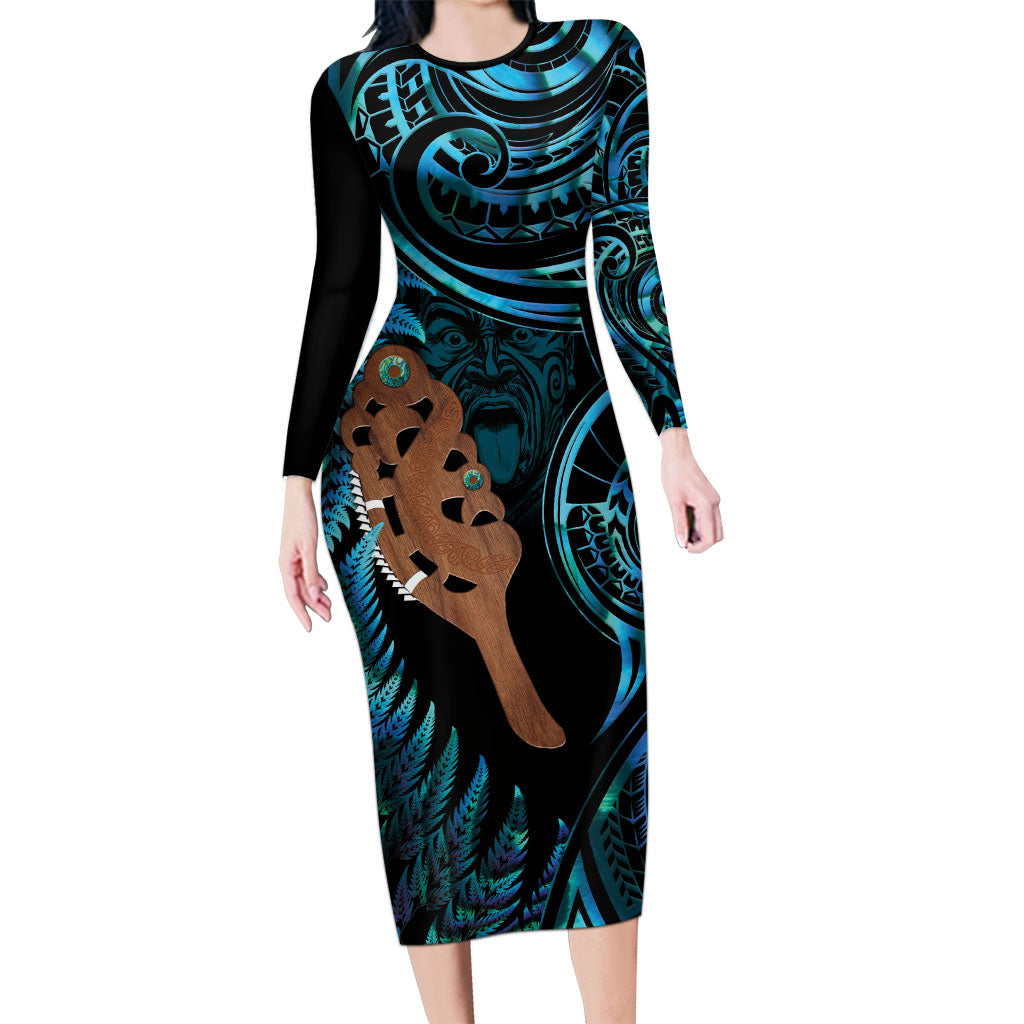 Maripi New Zealand Family Matching Long Sleeve Bodycon Dress and Hawaiian Shirt Maori Weapon Paua Shell Haka Fern LT14 Mom's Dress Turquoise - Polynesian Pride