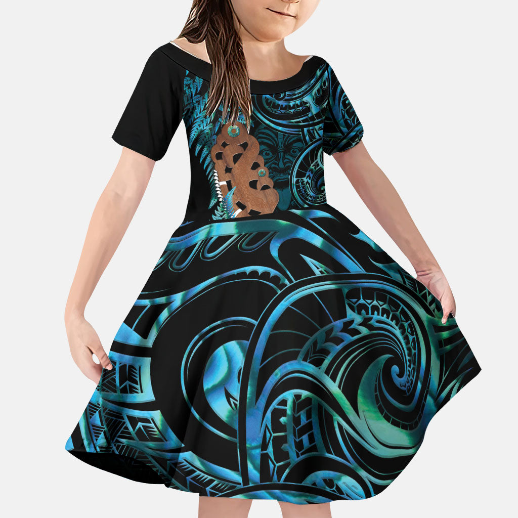 Maripi New Zealand Family Matching Off Shoulder Maxi Dress and Hawaiian Shirt Maori Weapon Paua Shell Haka Fern LT14 Daughter's Dress Turquoise - Polynesian Pride