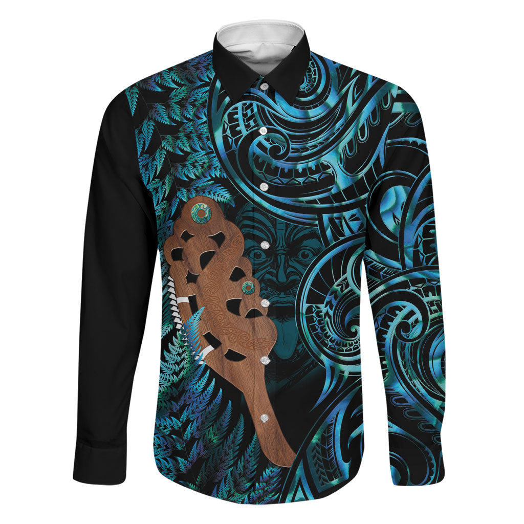 Maripi New Zealand Family Matching Off Shoulder Maxi Dress and Hawaiian Shirt Maori Weapon Paua Shell Haka Fern LT14 Dad's Shirt - Long Sleeve Turquoise - Polynesian Pride