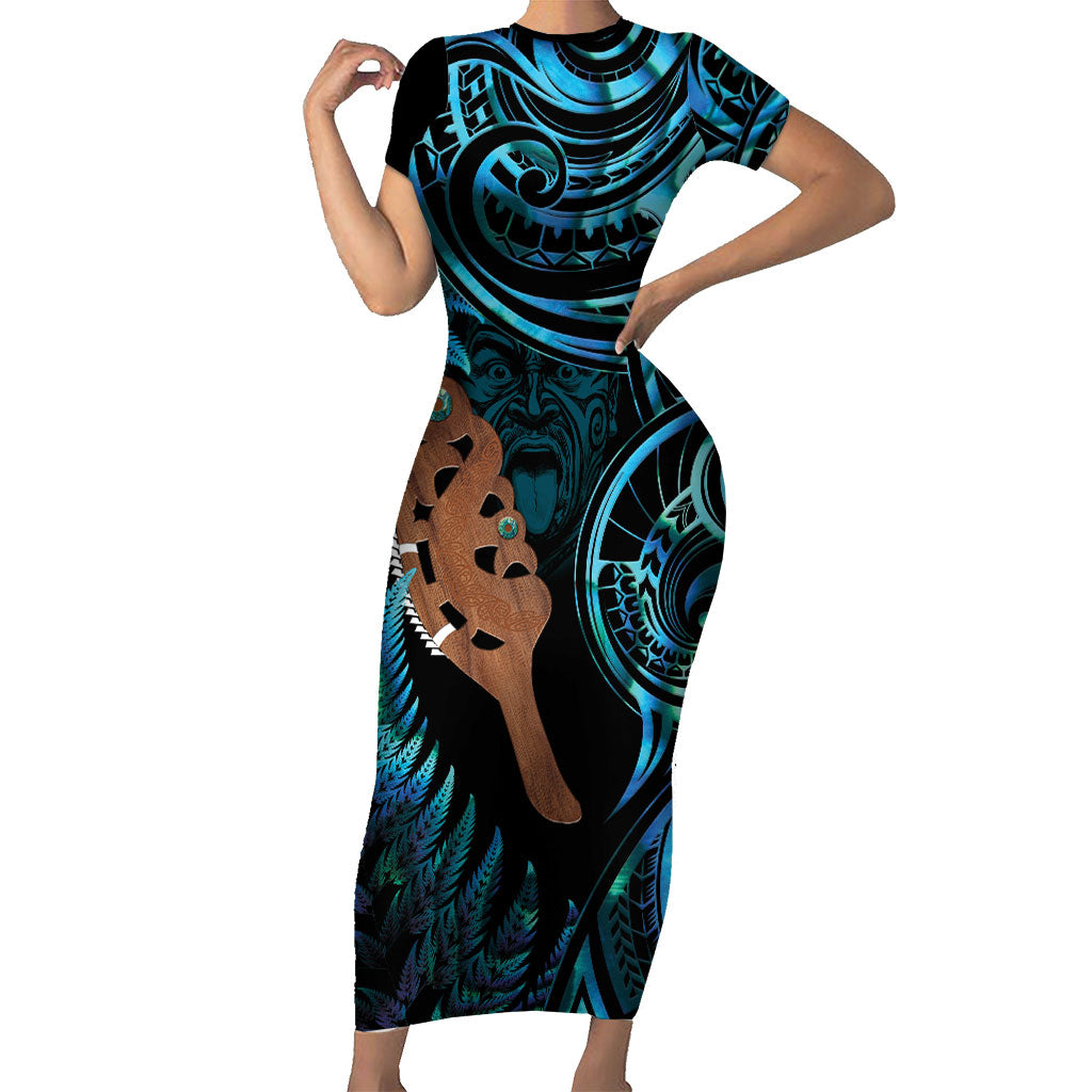 Maripi New Zealand Family Matching Short Sleeve Bodycon Dress and Hawaiian Shirt Maori Weapon Paua Shell Haka Fern LT14 Mom's Dress Turquoise - Polynesian Pride