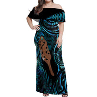 Maripi New Zealand Off Shoulder Maxi Dress Maori Weapon Paua Shell Haka Fern