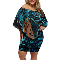 Maripi New Zealand Off Shoulder Short Dress Maori Weapon Paua Shell Haka Fern