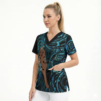 Maripi New Zealand Scrub Top Maori Weapon Paua Shell Haka Fern