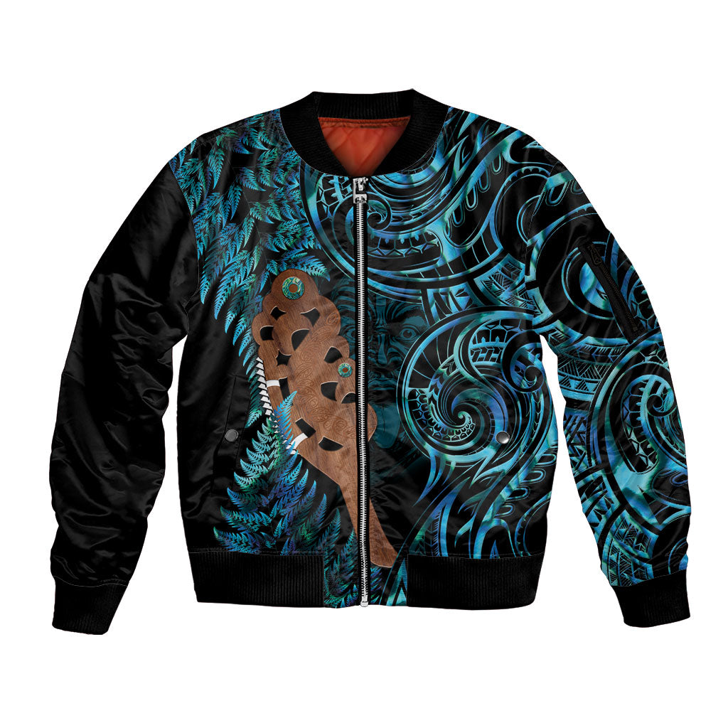 Maripi New Zealand Sleeve Zip Bomber Jacket Maori Weapon Paua Shell Haka Fern LT14 Unisex Turquoise - Polynesian Pride