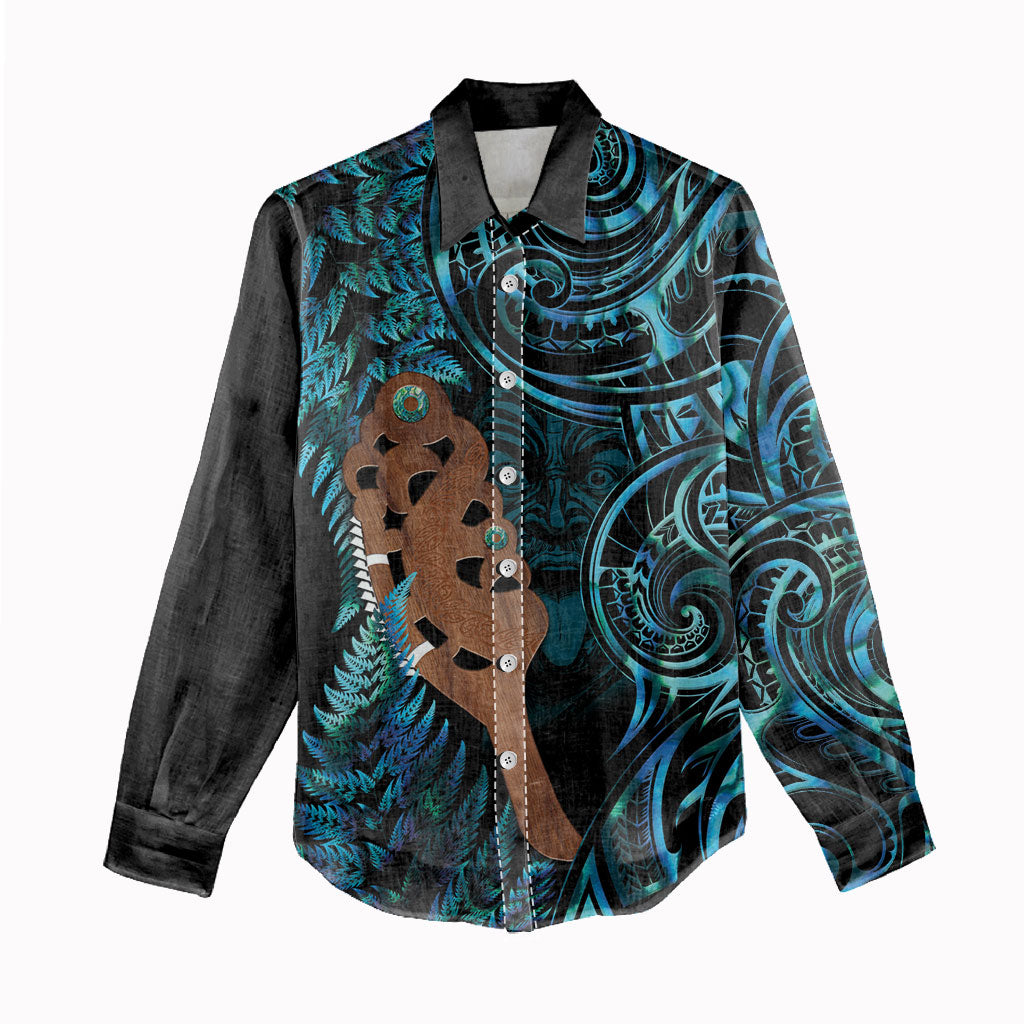 Maripi New Zealand Women Casual Shirt Maori Weapon Paua Shell Haka Fern