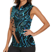 Maripi New Zealand Women Sleeveless Polo Shirt Maori Weapon Paua Shell Haka Fern