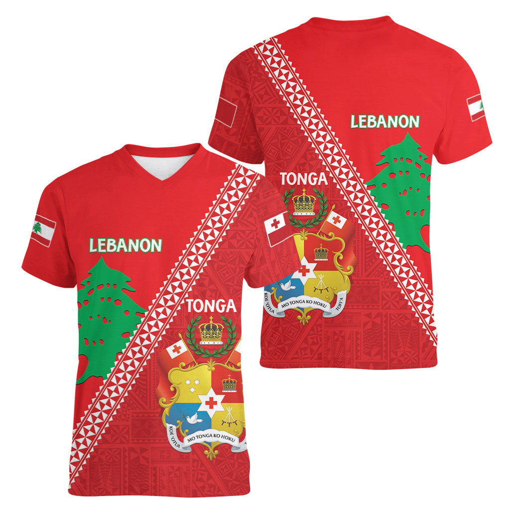 Tonga And Lebanon Women V-Neck T-Shirt 2026 Together Half Style