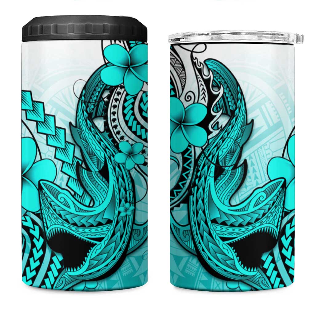 Hawaii 4 in 1 Can Cooler Tumbler Polynesian Shark Tattoo With Plumeria Turquoise Gradient