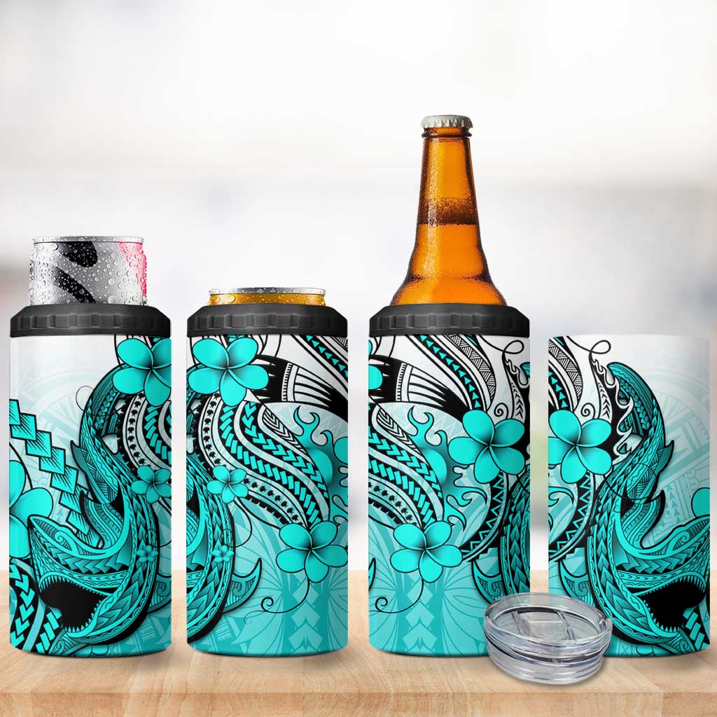 Hawaii 4 in 1 Can Cooler Tumbler Polynesian Shark Tattoo With Plumeria Turquoise Gradient