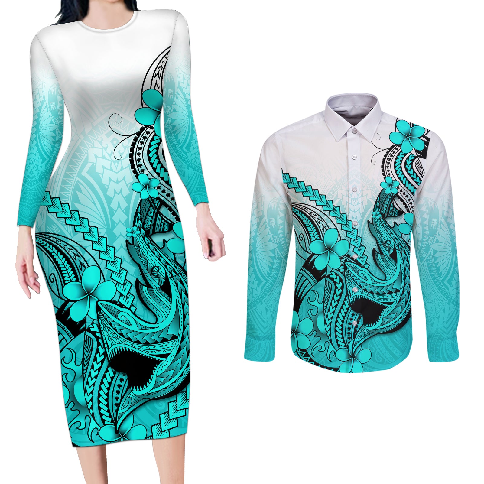 Hawaii Couples Matching Long Sleeve Bodycon Dress and Long Sleeve Button Shirts Polynesian Shark Tattoo With Plumeria Turquoise Gradient LT14 Turquoise - Polynesian Pride