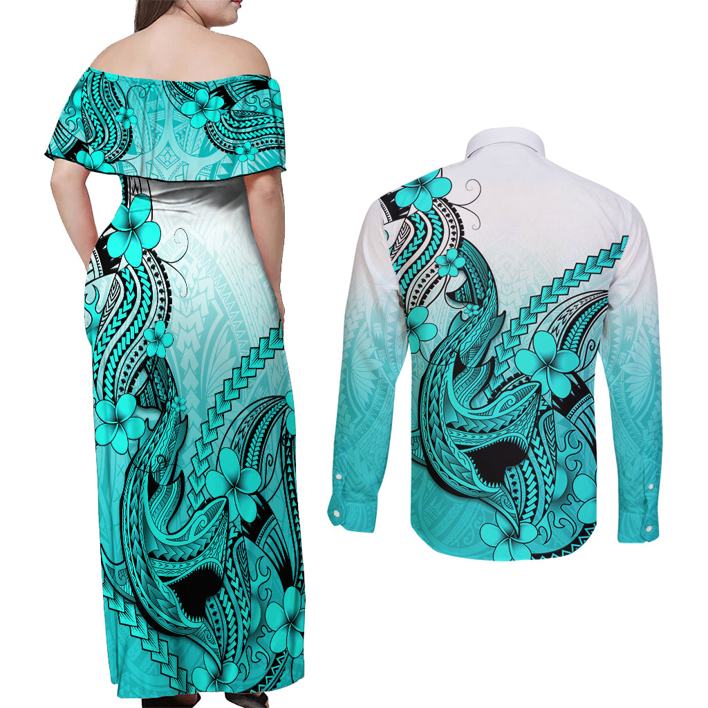 Hawaii Couples Matching Off Shoulder Maxi Dress and Long Sleeve Button Shirts Polynesian Shark Tattoo With Plumeria Turquoise Gradient LT14 - Polynesian Pride