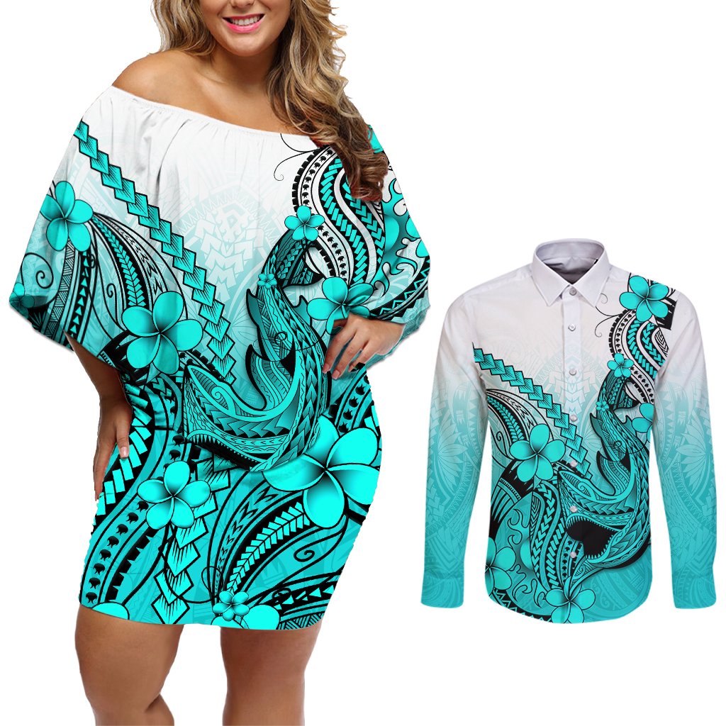 Hawaii Couples Matching Off Shoulder Short Dress and Long Sleeve Button Shirts Polynesian Shark Tattoo With Plumeria Turquoise Gradient LT14 Turquoise - Polynesian Pride