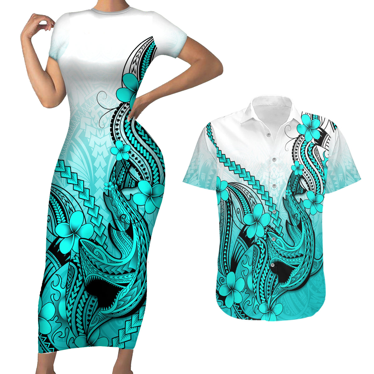 Hawaii Couples Matching Short Sleeve Bodycon Dress and Hawaiian Shirt Polynesian Shark Tattoo With Plumeria Turquoise Gradient LT14 Turquoise - Polynesian Pride
