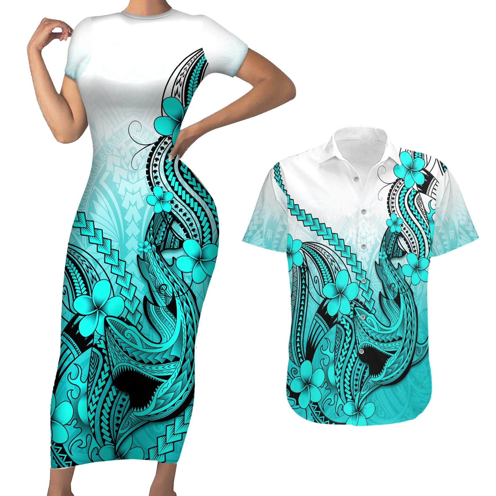 Hawaii Couples Matching Short Sleeve Bodycon Dress and Hawaiian Shirt Polynesian Shark Tattoo With Plumeria Turquoise Gradient LT14 Turquoise - Polynesian Pride