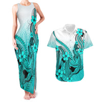 Hawaii Couples Matching Tank Maxi Dress And Hawaiian Shirt Polynesian Shark Tattoo With Plumeria Turquoise Gradient LT14 Turquoise - Polynesian Pride
