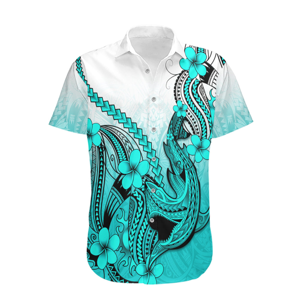 Hawaii Hawaiian Shirt Polynesian Shark Tattoo With Plumeria Turquoise Gradient LT14 Turquoise - Polynesian Pride