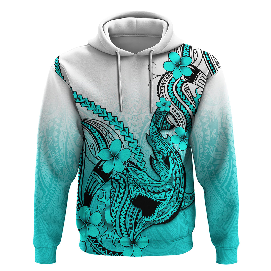 Hawaii Hoodie Polynesian Shark Tattoo With Plumeria Turquoise Gradient LT14 Pullover Hoodie Turquoise - Polynesian Pride