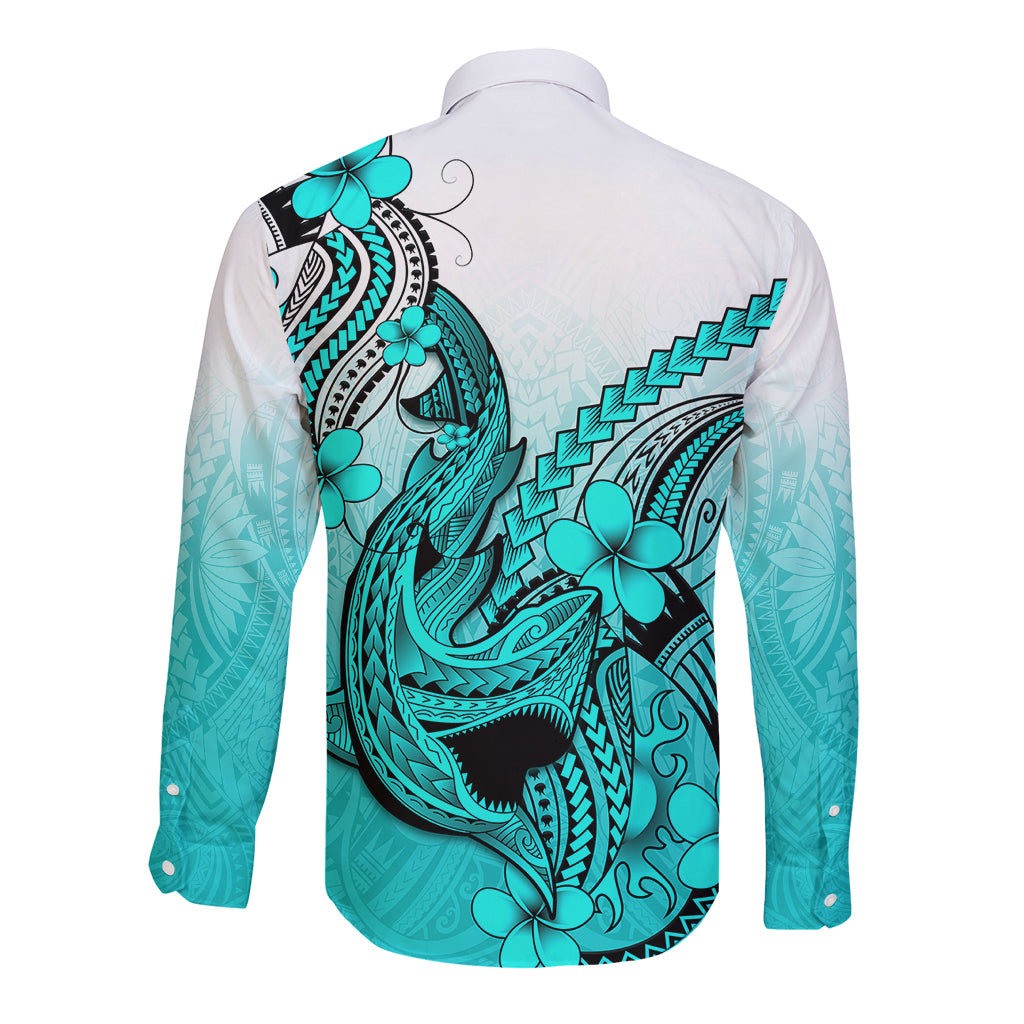 Hawaii Long Sleeve Button Shirt Polynesian Shark Tattoo With Plumeria Turquoise Gradient LT14 - Polynesian Pride