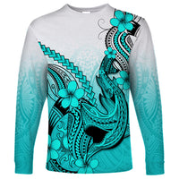 Hawaii Long Sleeve Shirt Polynesian Shark Tattoo With Plumeria Turquoise Gradient LT14 Unisex Turquoise - Polynesian Pride