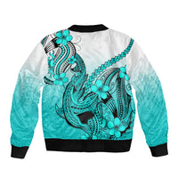Hawaii Sleeve Zip Bomber Jacket Polynesian Shark Tattoo With Plumeria Turquoise Gradient LT14 - Polynesian Pride