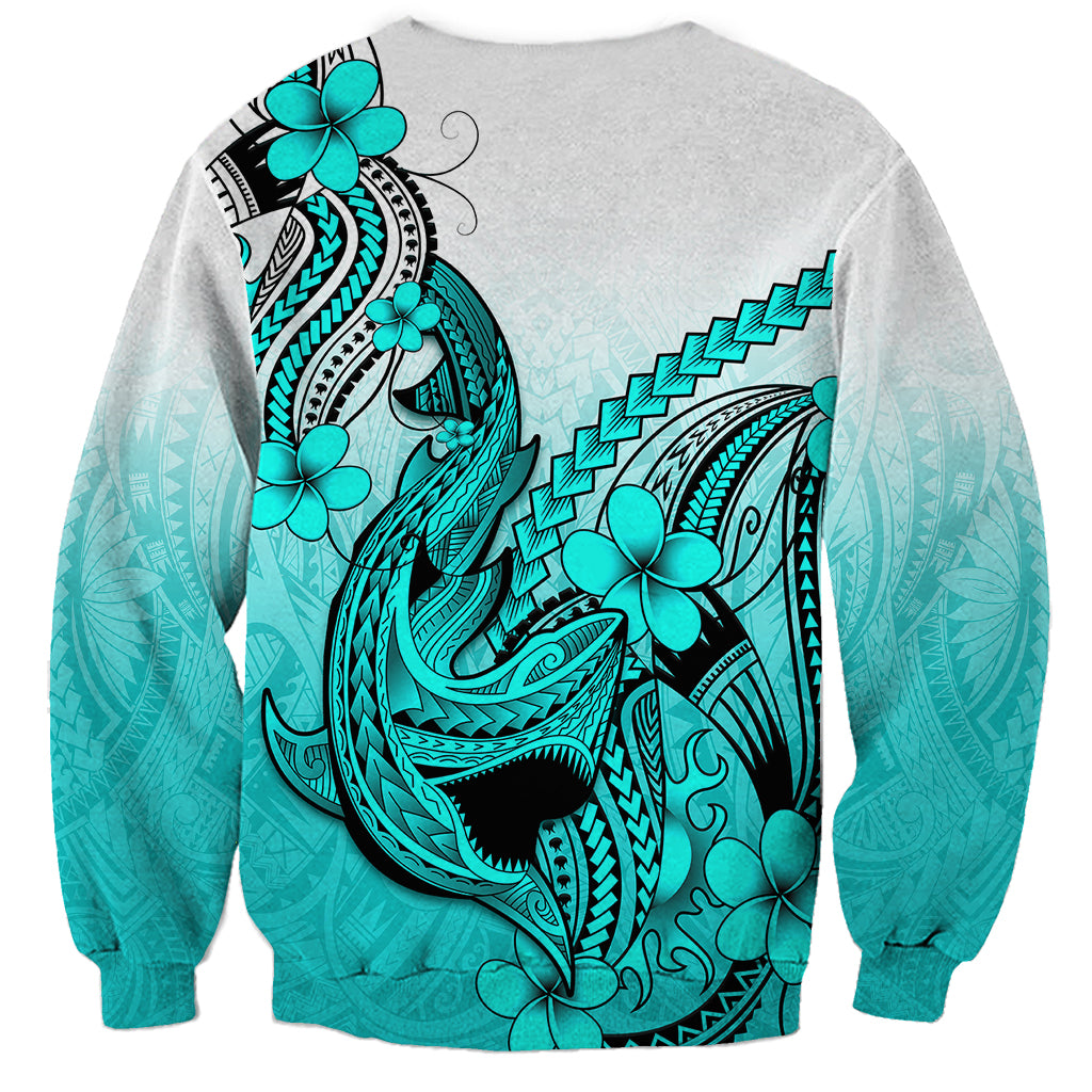 Hawaii Sweatshirt Polynesian Shark Tattoo With Plumeria Turquoise Gradient LT14 - Polynesian Pride