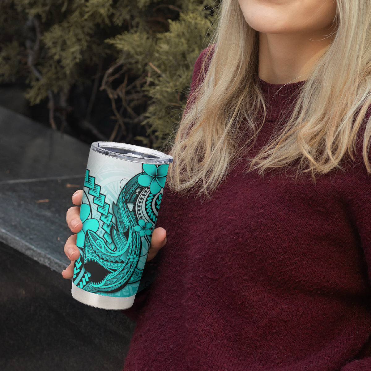 Hawaii Tumbler Cup Polynesian Shark Tattoo With Plumeria Turquoise Gradient