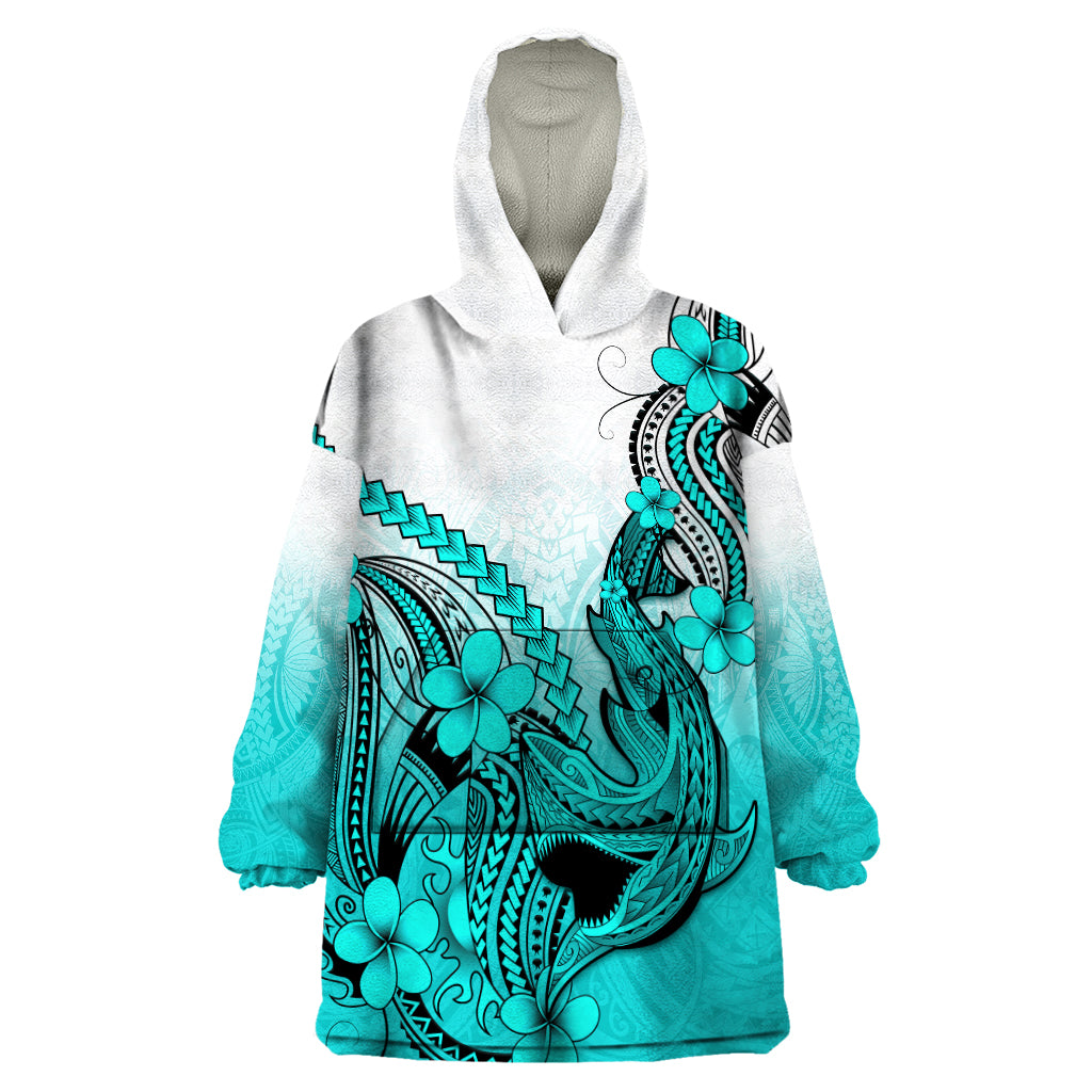 Hawaii Wearable Blanket Hoodie Polynesian Shark Tattoo With Plumeria Turquoise Gradient LT14 One Size Turquoise - Polynesian Pride