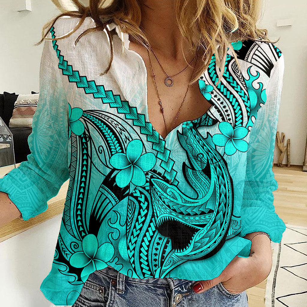 Hawaii Women Casual Shirt Polynesian Shark Tattoo With Plumeria Turquoise Gradient LT14 Female Turquoise - Polynesian Pride