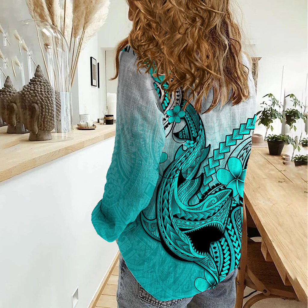 Hawaii Women Casual Shirt Polynesian Shark Tattoo With Plumeria Turquoise Gradient LT14 - Polynesian Pride