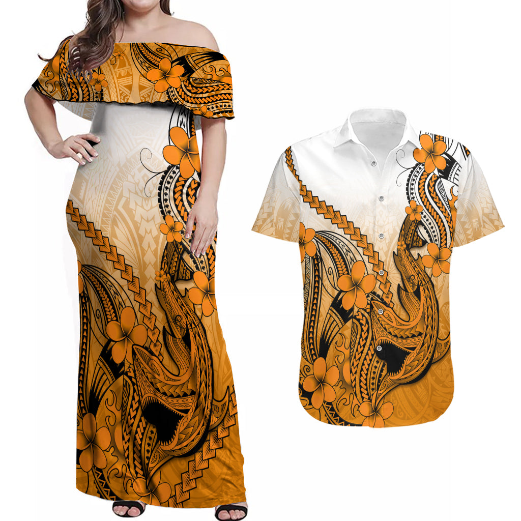 Hawaii Couples Matching Off Shoulder Maxi Dress and Hawaiian Shirt Polynesian Shark Tattoo With Plumeria Orange Gradient LT14 Orange - Polynesian Pride