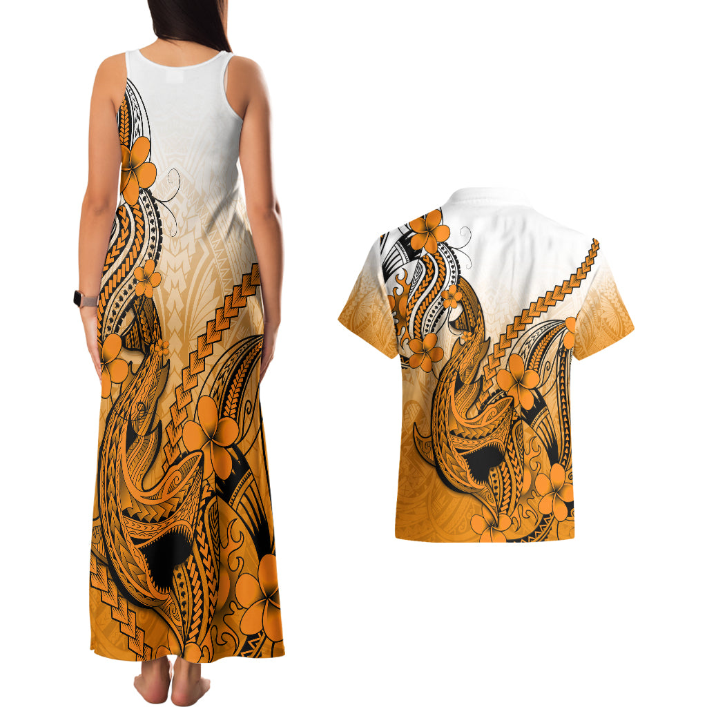 Hawaii Couples Matching Tank Maxi Dress And Hawaiian Shirt Polynesian Shark Tattoo With Plumeria Orange Gradient LT14 - Polynesian Pride