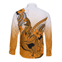 Hawaii Long Sleeve Button Shirt Polynesian Shark Tattoo With Plumeria Orange Gradient LT14 - Polynesian Pride