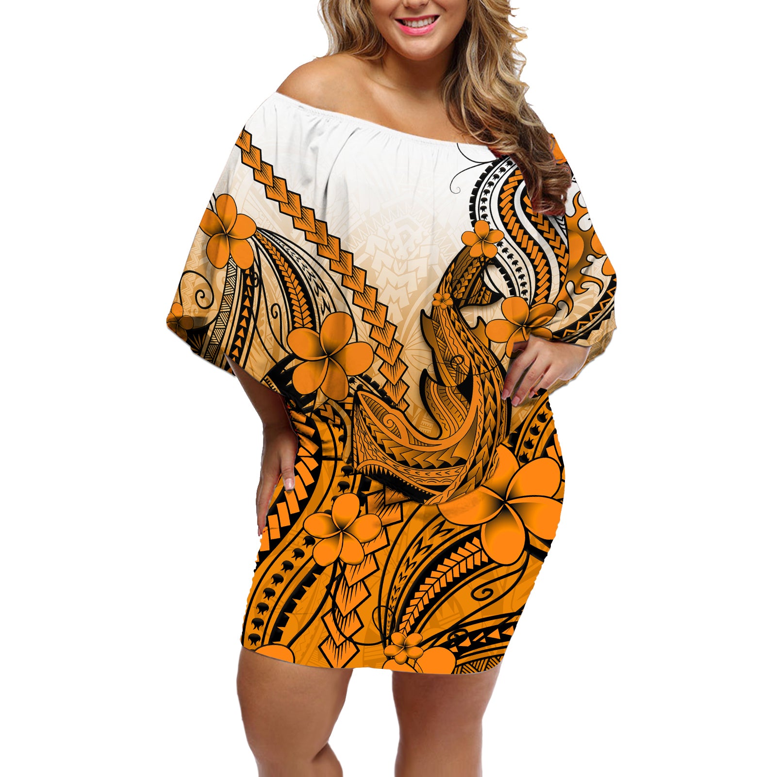 Hawaii Off Shoulder Short Dress Polynesian Shark Tattoo With Plumeria Orange Gradient LT14 Women Orange - Polynesian Pride