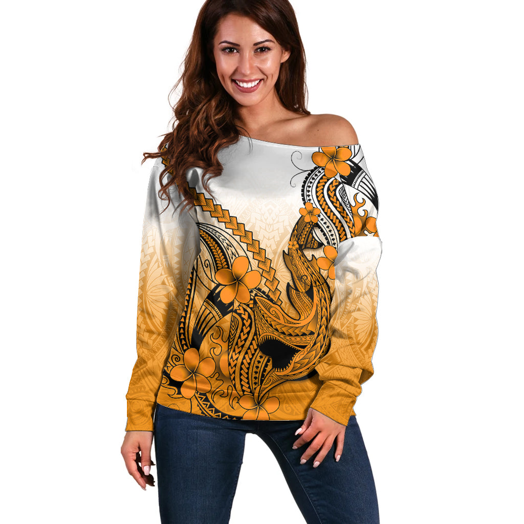 Hawaii Off Shoulder Sweater Polynesian Shark Tattoo With Plumeria Orange Gradient LT14 Women Orange - Polynesian Pride