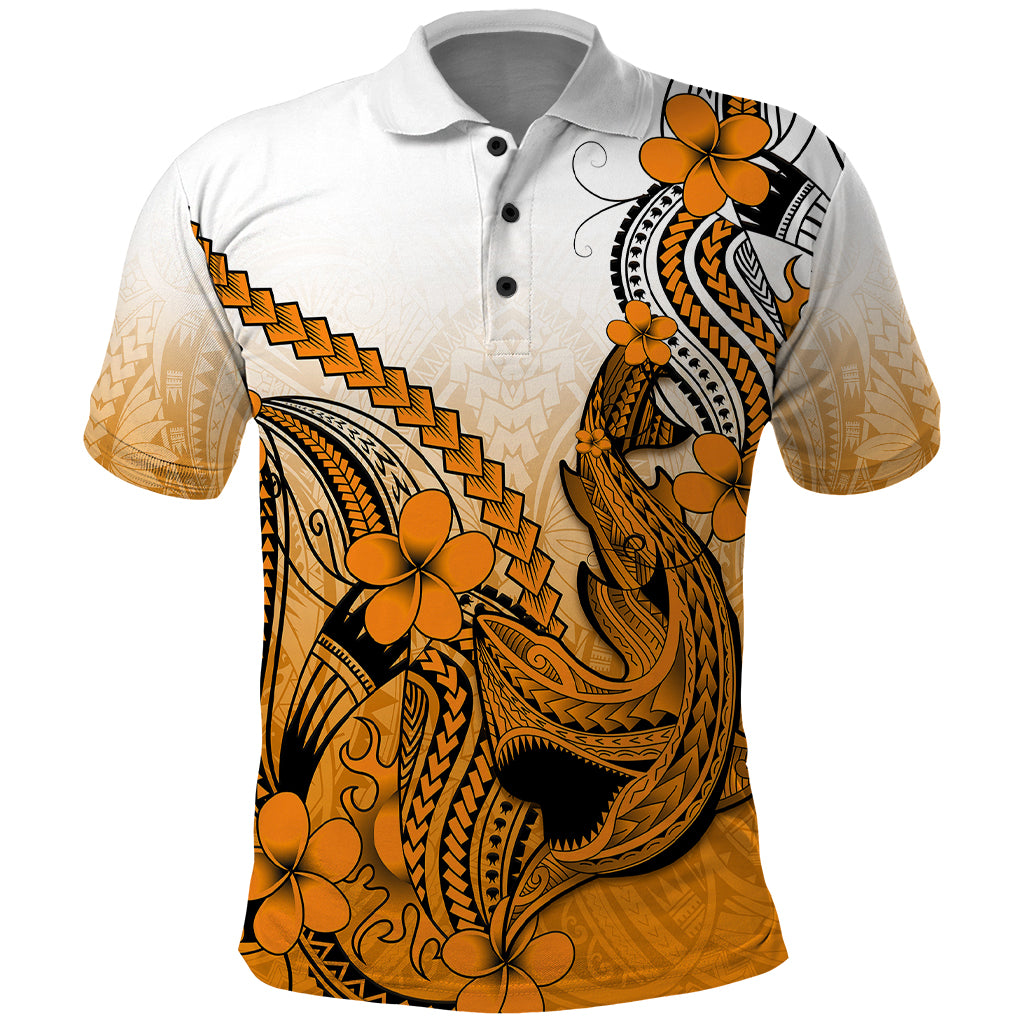 Hawaii Polo Shirt Polynesian Shark Tattoo With Plumeria Orange Gradient LT14 Orange - Polynesian Pride