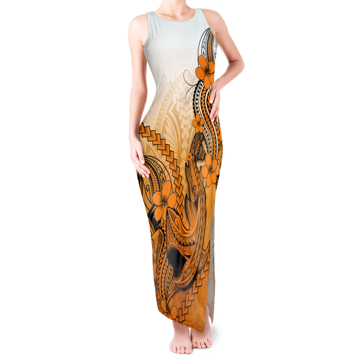 Hawaii Tank Maxi Dress Polynesian Shark Tattoo With Plumeria Orange Gradient LT14 Women Orange - Polynesian Pride