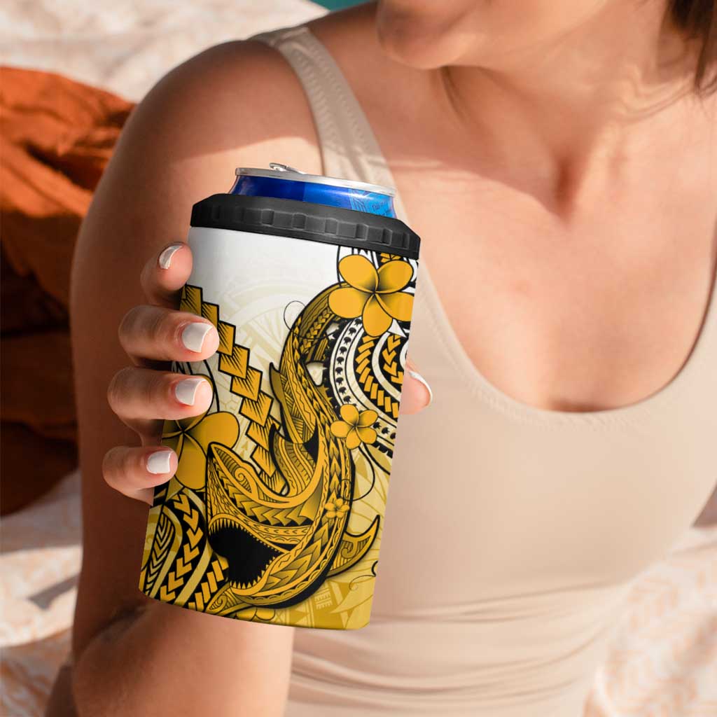 Hawaii 4 in 1 Can Cooler Tumbler Polynesian Shark Tattoo With Plumeria Gold Gradient