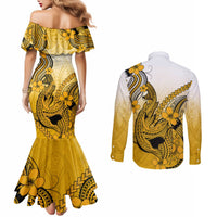 Hawaii Couples Matching Mermaid Dress and Long Sleeve Button Shirts Polynesian Shark Tattoo With Plumeria Gold Gradient LT14 - Polynesian Pride