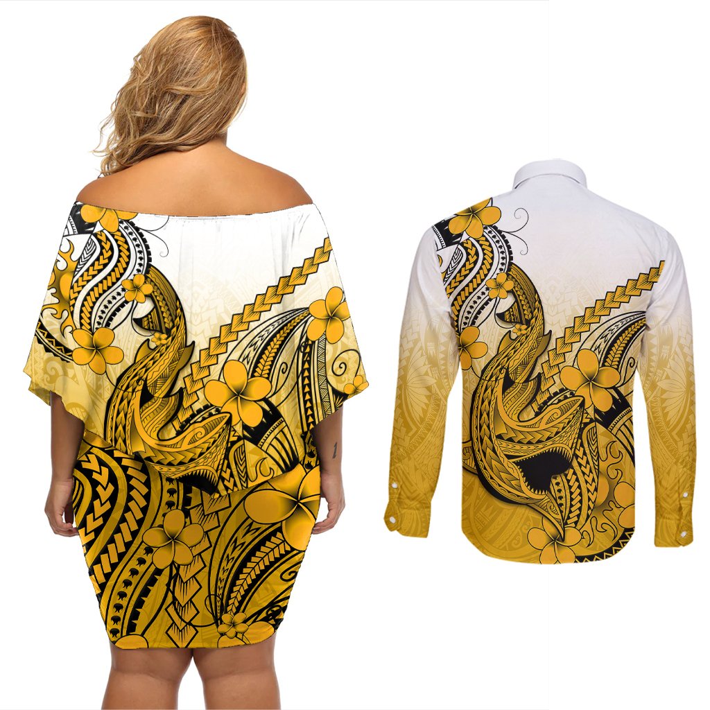 Hawaii Couples Matching Off Shoulder Short Dress and Long Sleeve Button Shirts Polynesian Shark Tattoo With Plumeria Gold Gradient LT14 - Polynesian Pride