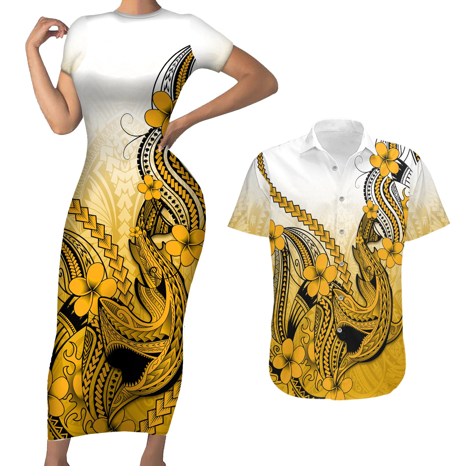 Hawaii Couples Matching Short Sleeve Bodycon Dress and Hawaiian Shirt Polynesian Shark Tattoo With Plumeria Gold Gradient LT14 Gold - Polynesian Pride