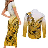 Hawaii Couples Matching Short Sleeve Bodycon Dress and Long Sleeve Button Shirts Polynesian Shark Tattoo With Plumeria Gold Gradient LT14 - Polynesian Pride