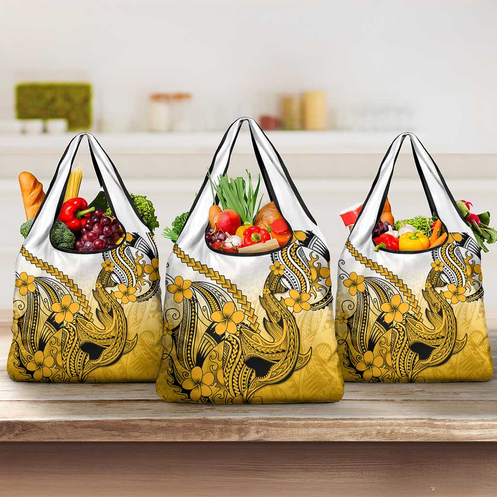 Gold Gradient Hawaii Grocery Bag Polynesian Shark Tattoo With Plumeria