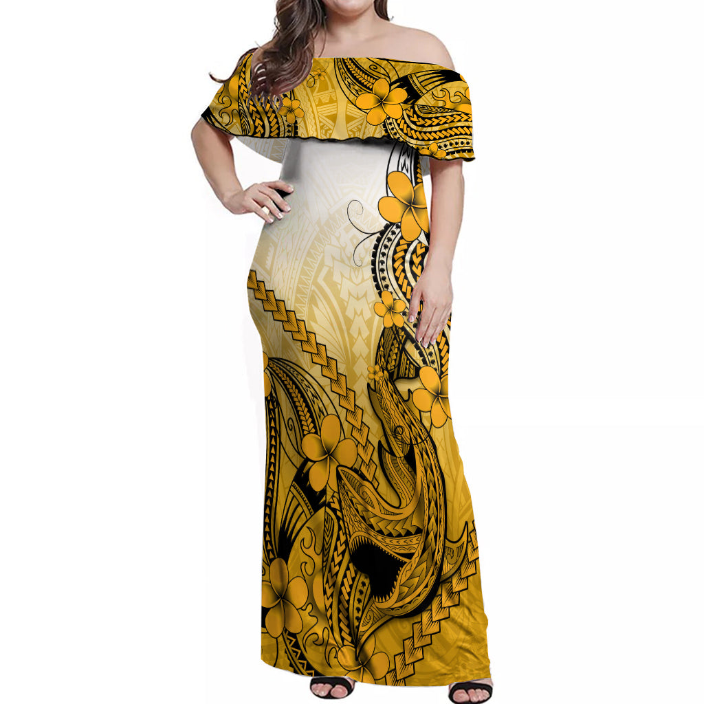 Hawaii Off Shoulder Maxi Dress Polynesian Shark Tattoo With Plumeria Gold Gradient LT14 Women Gold - Polynesian Pride