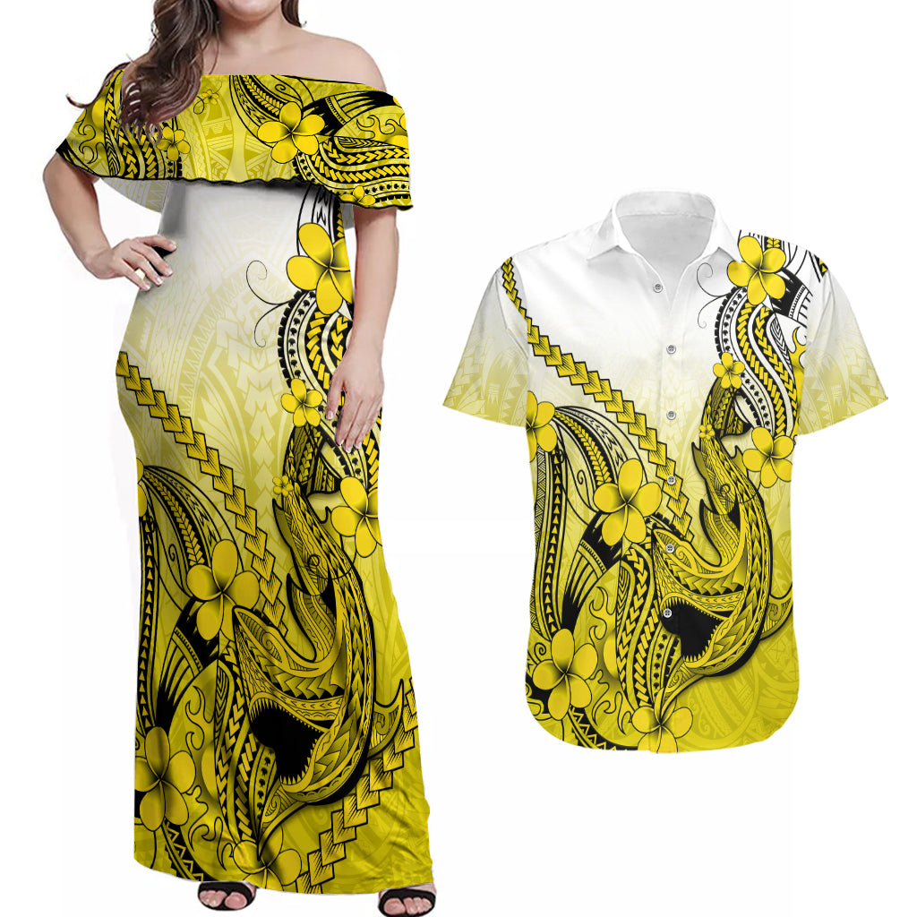 Hawaii Couples Matching Off Shoulder Maxi Dress and Hawaiian Shirt Polynesian Shark Tattoo With Plumeria Yellow Gradient LT14 Yellow - Polynesian Pride