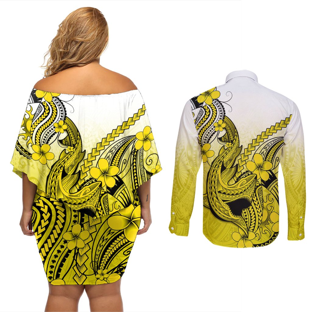 Hawaii Couples Matching Off Shoulder Short Dress and Long Sleeve Button Shirts Polynesian Shark Tattoo With Plumeria Yellow Gradient LT14 - Polynesian Pride