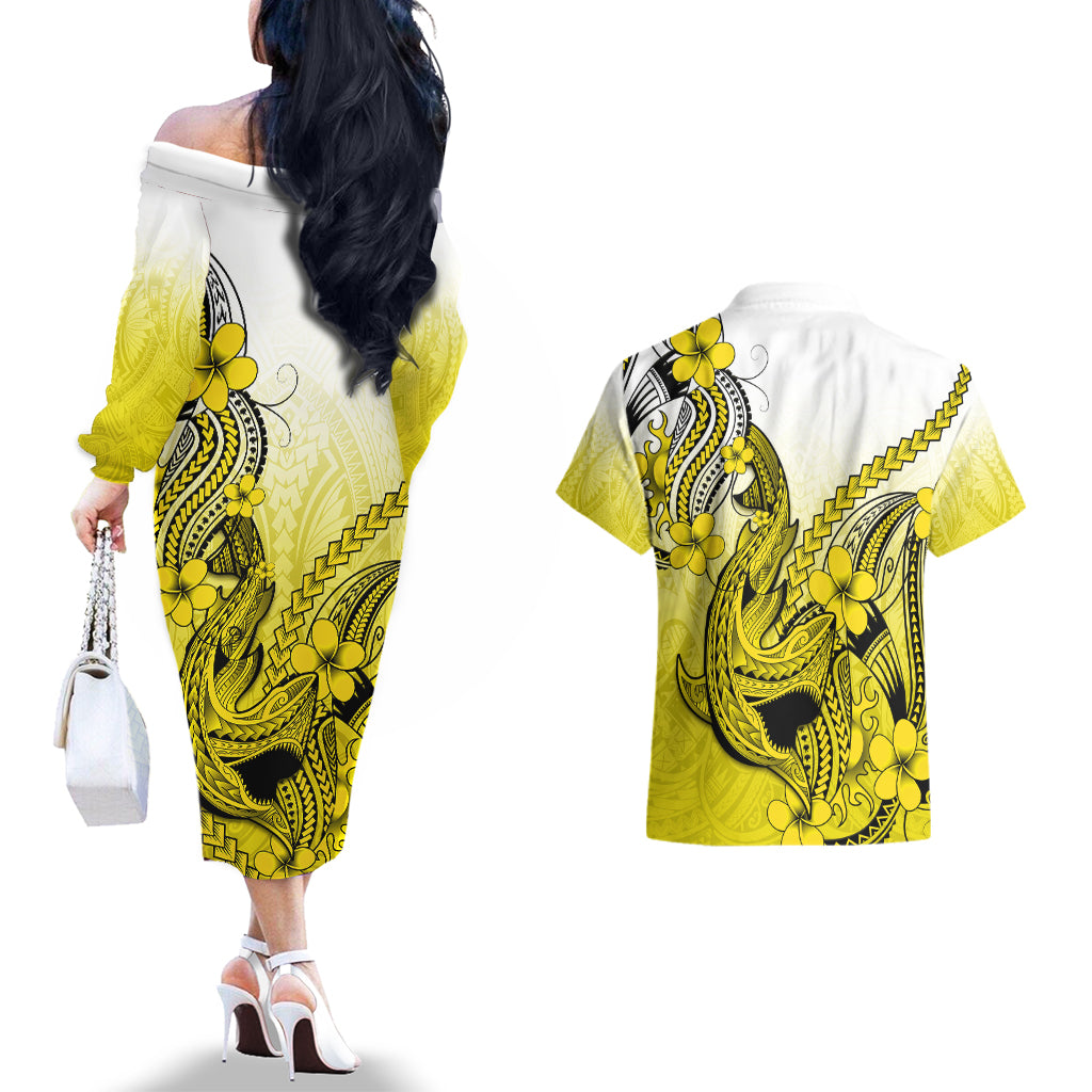 Hawaii Couples Matching Off The Shoulder Long Sleeve Dress and Hawaiian Shirt Polynesian Shark Tattoo With Plumeria Yellow Gradient LT14 - Polynesian Pride