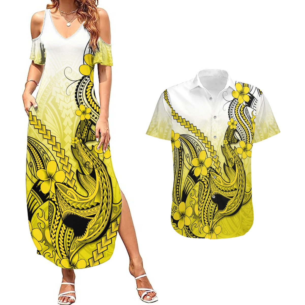 Hawaii Couples Matching Summer Maxi Dress and Hawaiian Shirt Polynesian Shark Tattoo With Plumeria Yellow Gradient LT14 Yellow - Polynesian Pride