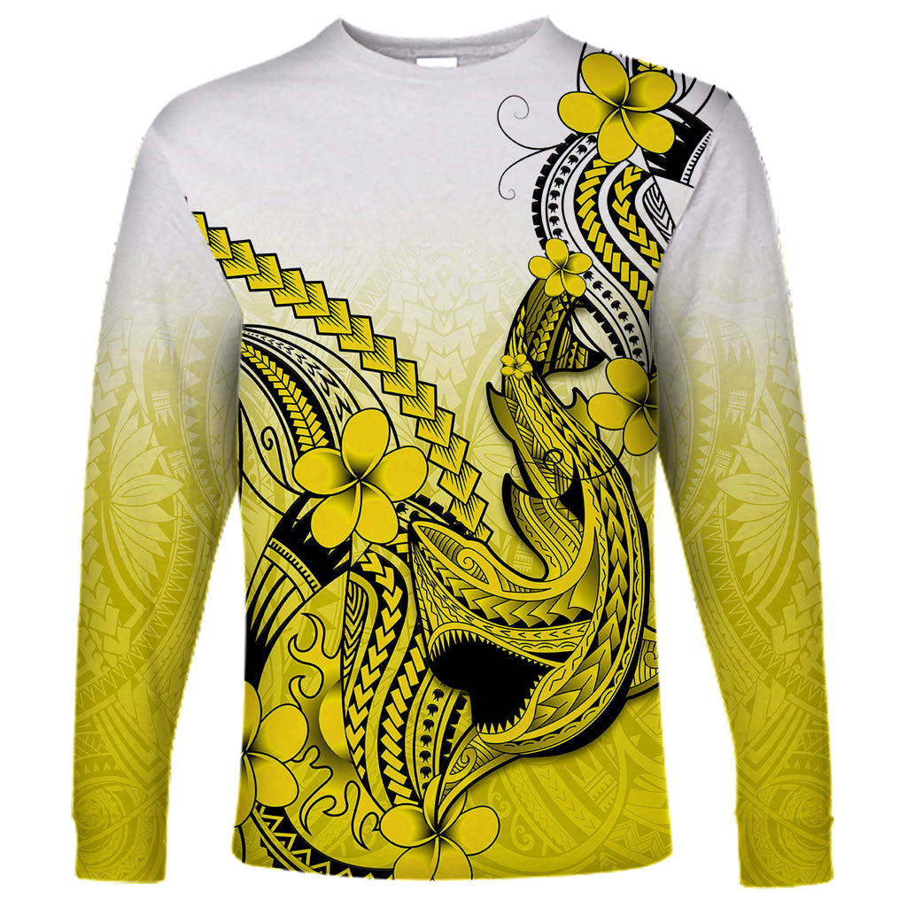 Hawaii Long Sleeve Shirt Polynesian Shark Tattoo With Plumeria Yellow Gradient LT14 Unisex Yellow - Polynesian Pride