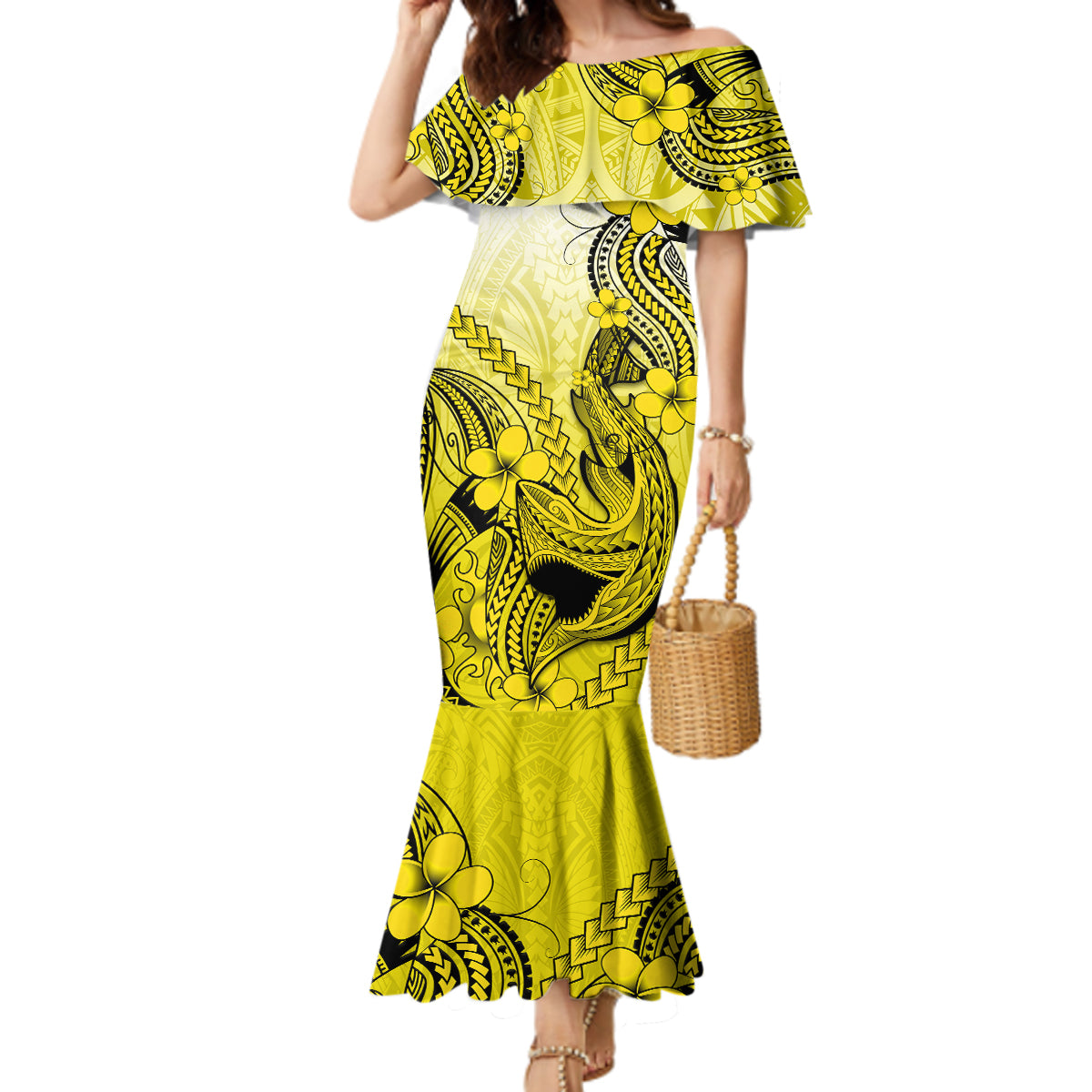 Hawaii Mermaid Dress Polynesian Shark Tattoo With Plumeria Yellow Gradient LT14 Women Yellow - Polynesian Pride