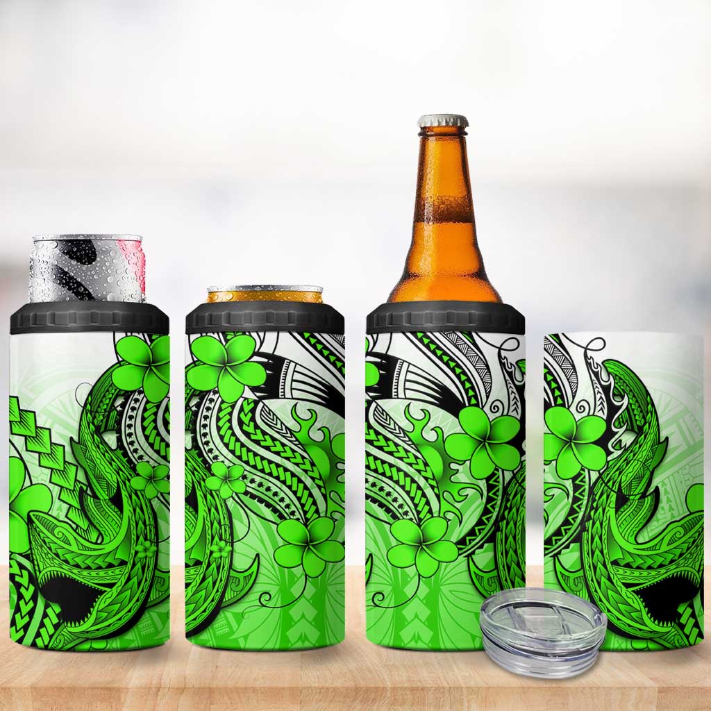 Hawaii 4 in 1 Can Cooler Tumbler Polynesian Shark Tattoo With Plumeria Green Gradient